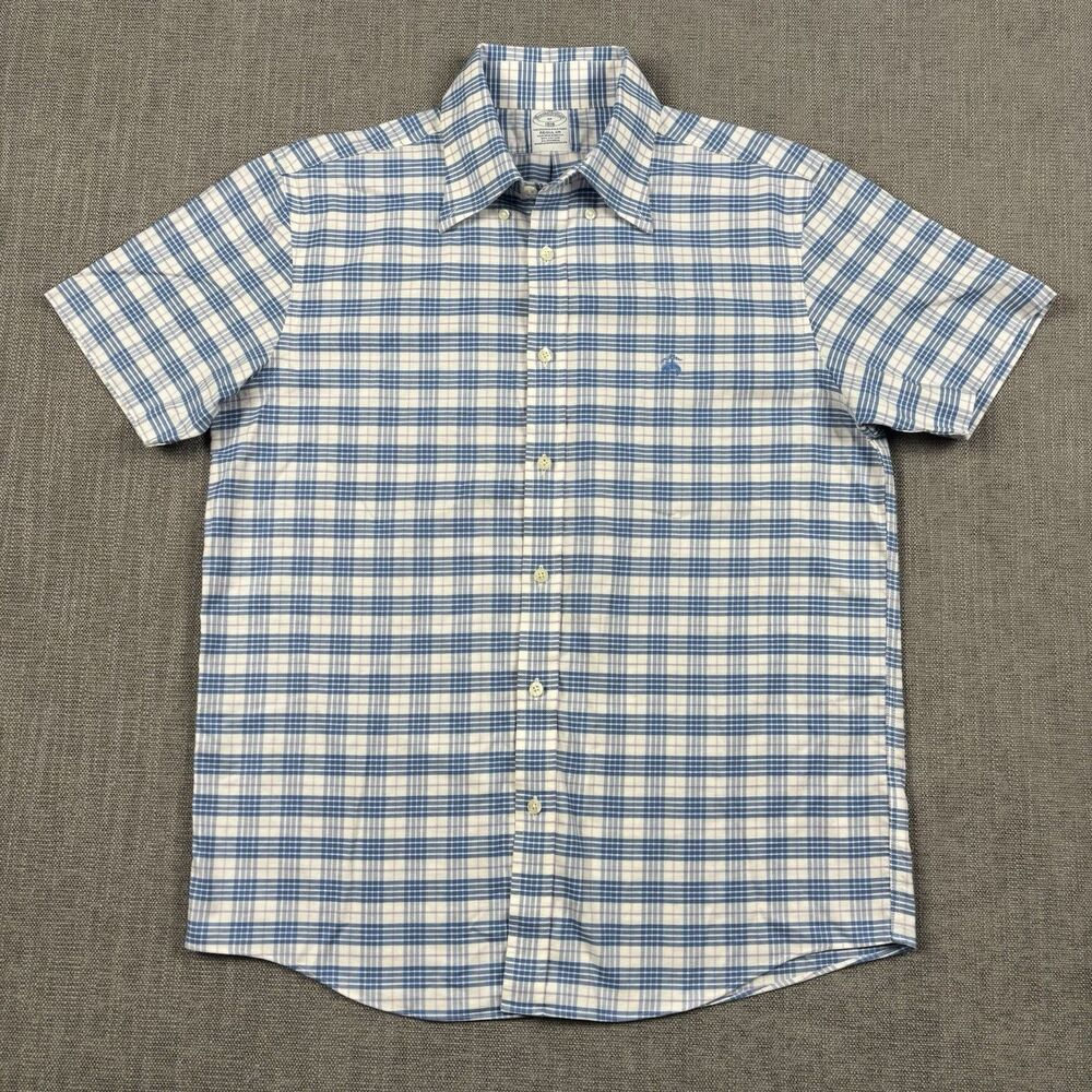 Brooks Brothers Mens Blue White Plaid Short Sleeve Button-Up Regular Shirt Sz M